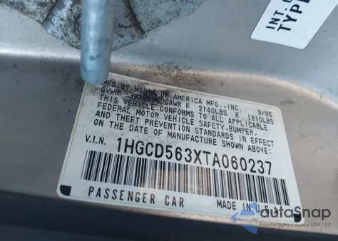 1996 Honda Accord Lx/Ex from USA, damaged, VIN 1HGCD563XTA060237